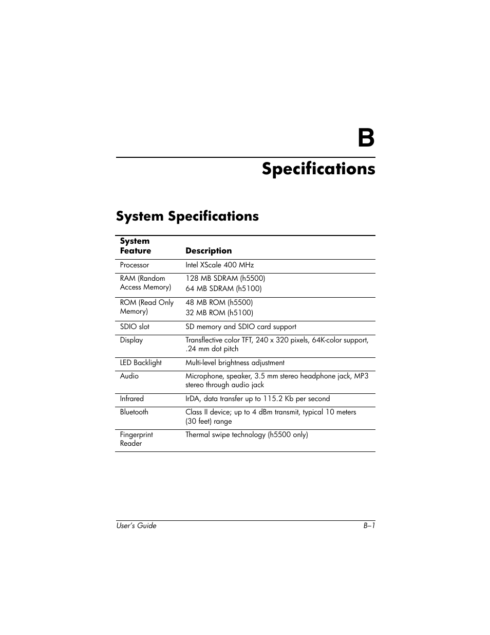 Specifications, System specifications | HP IPAQ H5500 User Manual | Page 167 / 169
