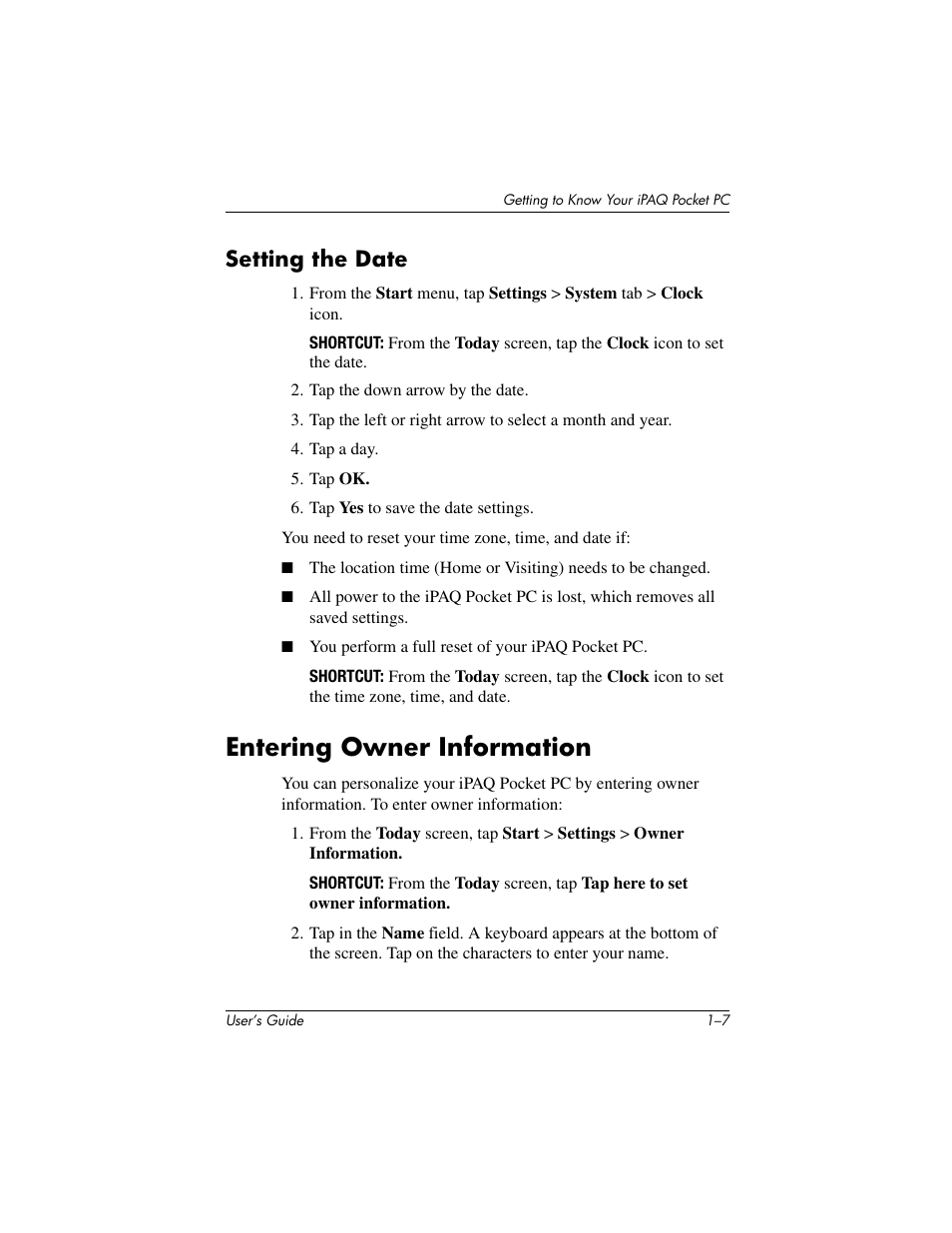 Entering owner information, Setting the date | HP IPAQ H5500 User Manual | Page 17 / 169