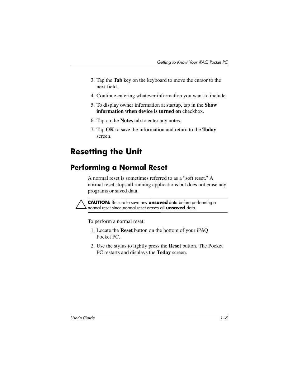 Resetting the unit | HP IPAQ H5500 User Manual | Page 18 / 169