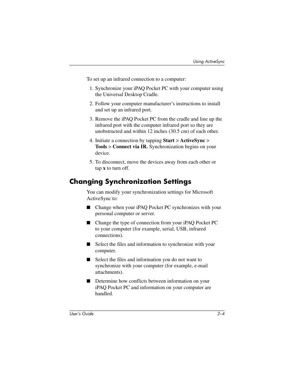 Changing synchronization settings | HP IPAQ H5500 User Manual | Page 25 / 169