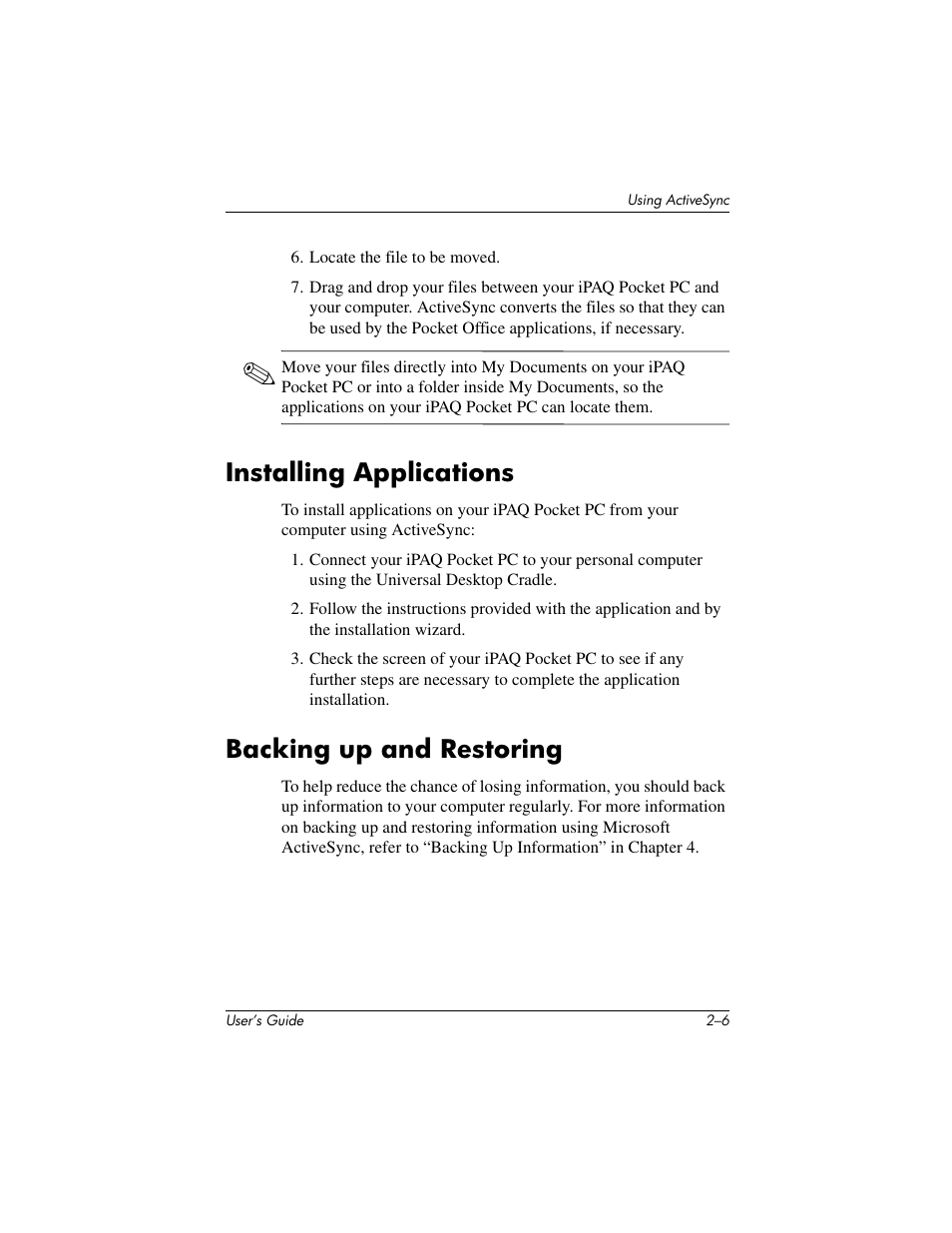 Installing applications, Backing up and restoring | HP IPAQ H5500 User Manual | Page 27 / 169