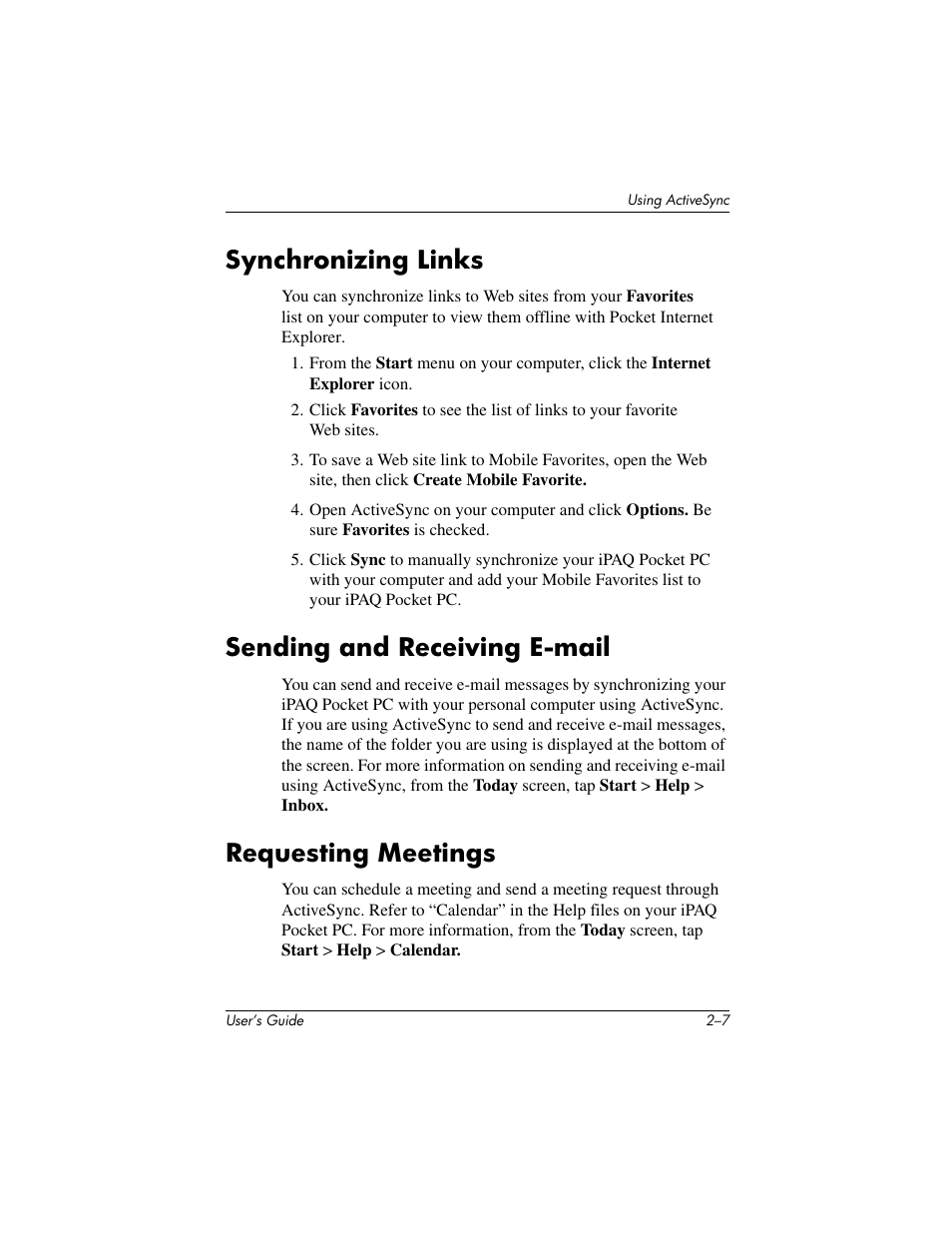 Synchronizing links, Sending and receiving e-mail, Requesting meetings | HP IPAQ H5500 User Manual | Page 28 / 169