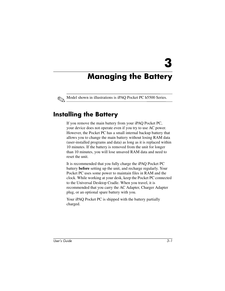Managing the battery | HP IPAQ H5500 User Manual | Page 29 / 169