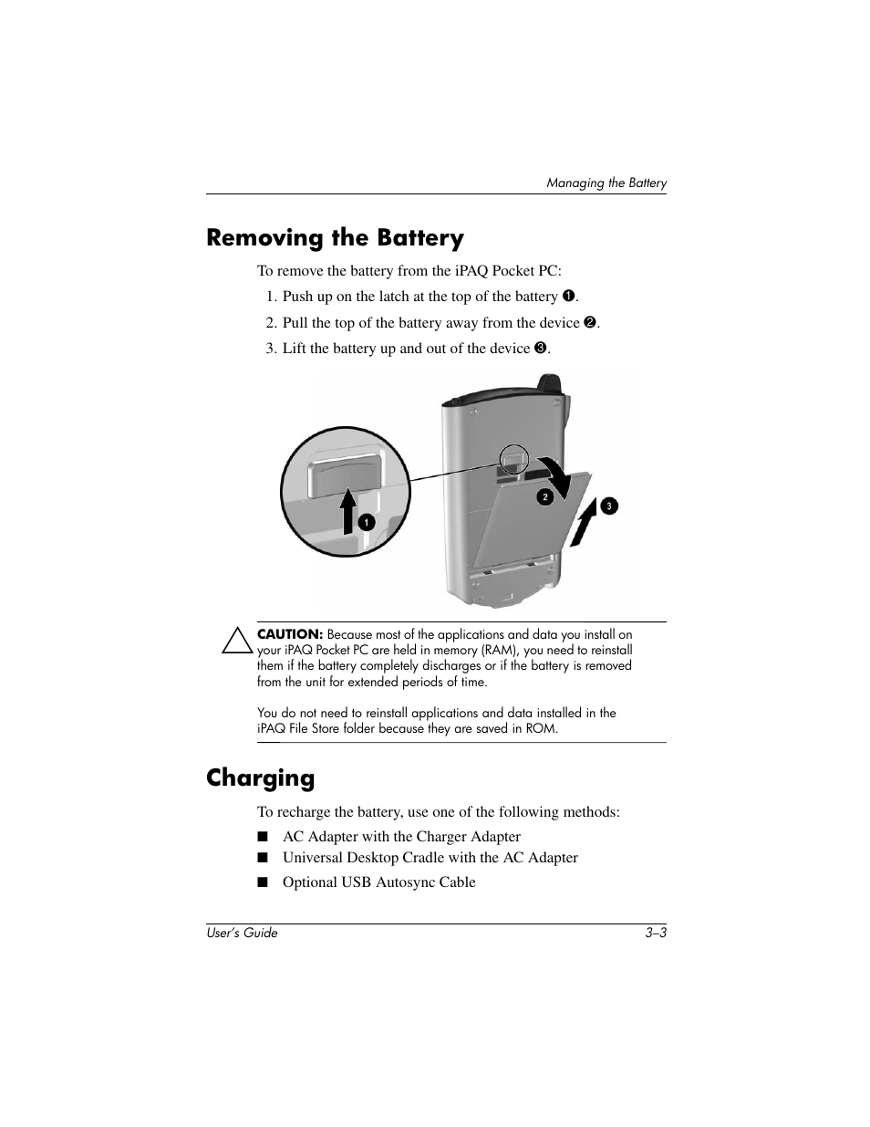 Removing the battery, Charging | HP IPAQ H5500 User Manual | Page 31 / 169