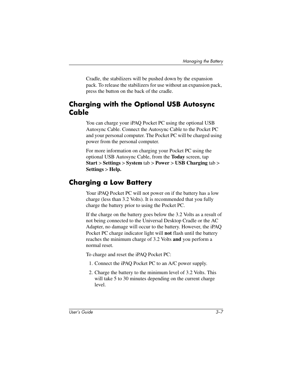 Charging with the optional usb autosync cable, Charging a low battery | HP IPAQ H5500 User Manual | Page 35 / 169