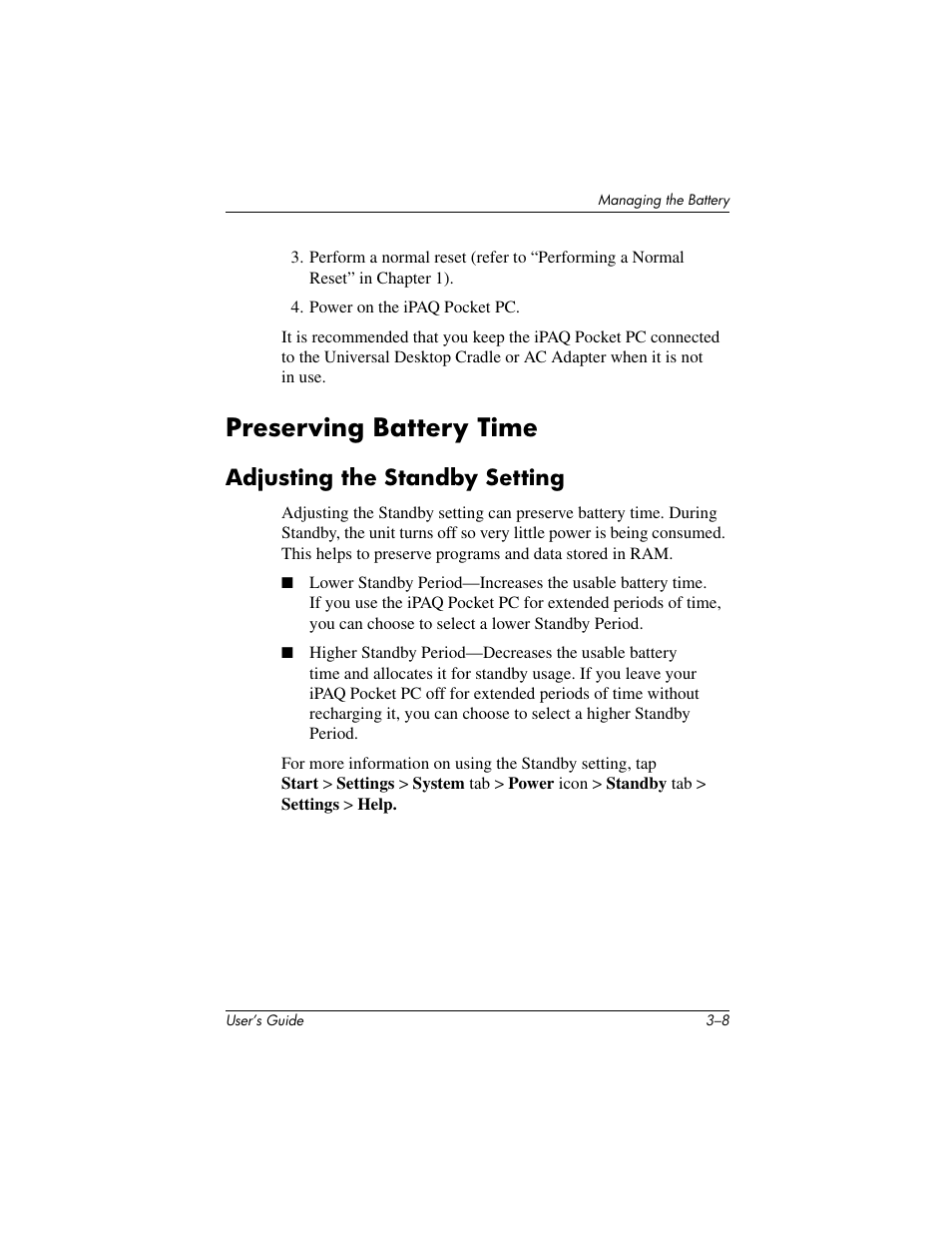 Preserving battery time, Adjusting the standby setting | HP IPAQ H5500 User Manual | Page 36 / 169