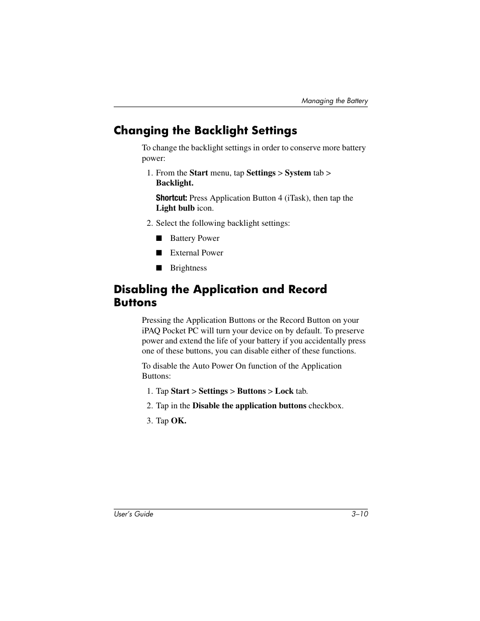 Changing the backlight settings, Disabling the application and record buttons | HP IPAQ H5500 User Manual | Page 38 / 169
