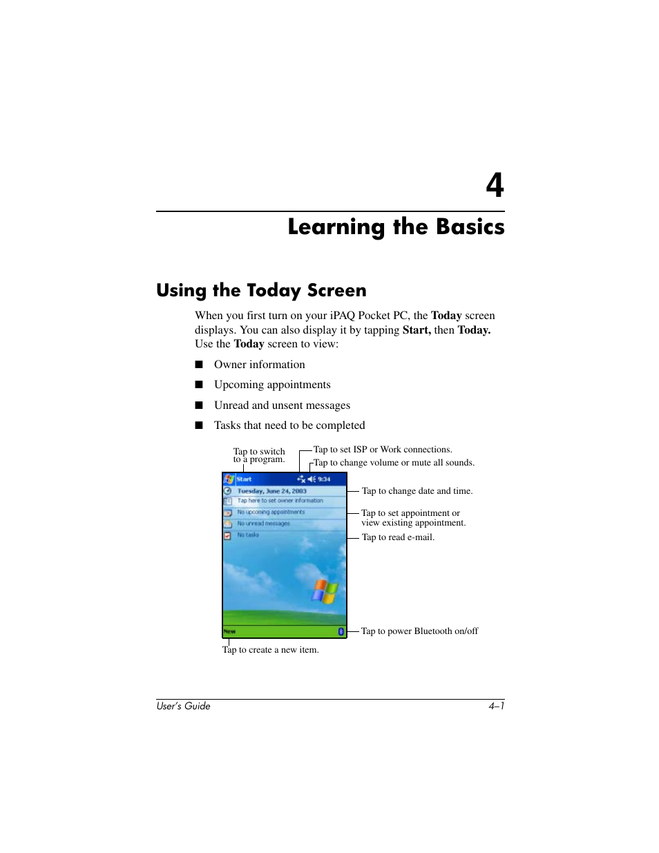 Learning the basics, Using the today screen | HP IPAQ H5500 User Manual | Page 40 / 169