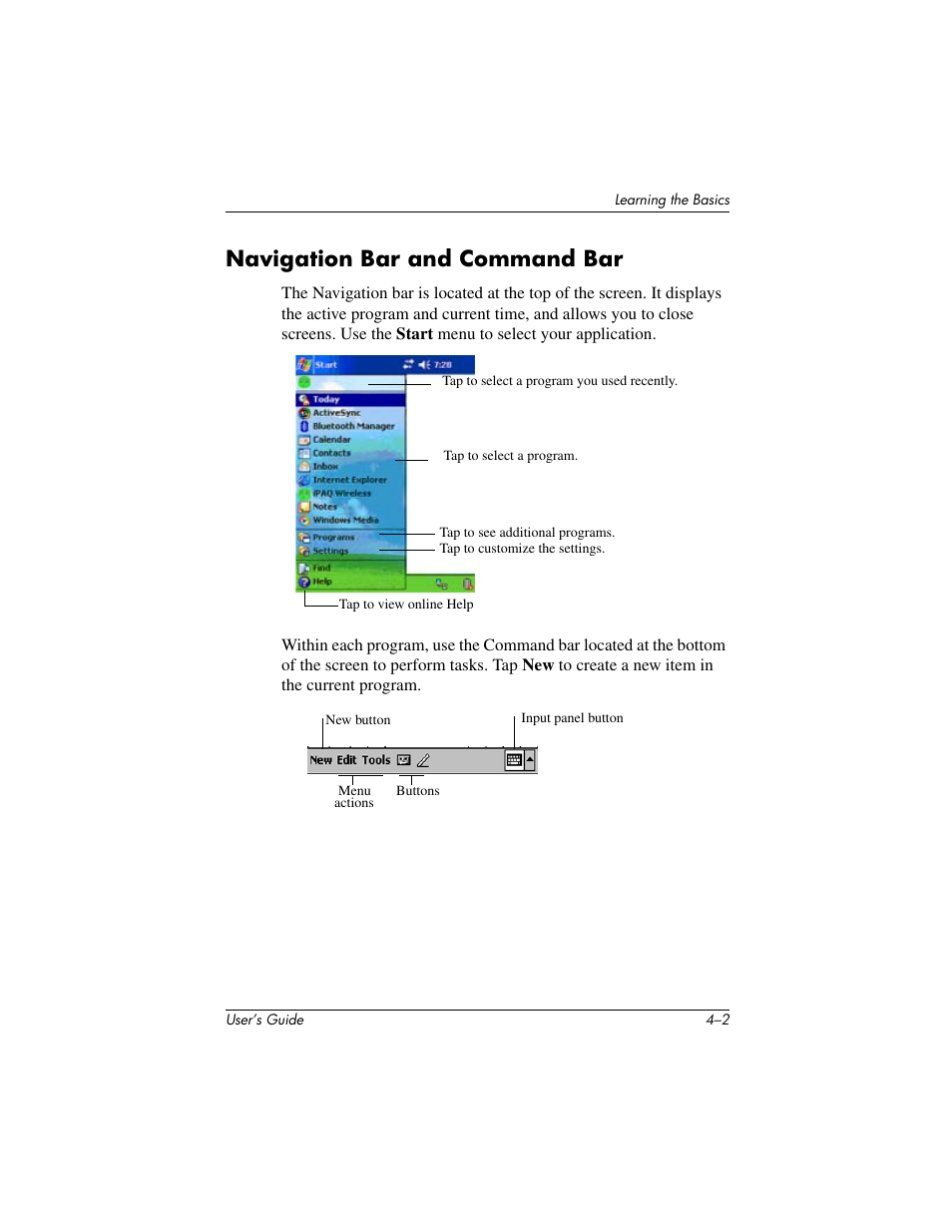 Navigation bar and command bar | HP IPAQ H5500 User Manual | Page 41 / 169