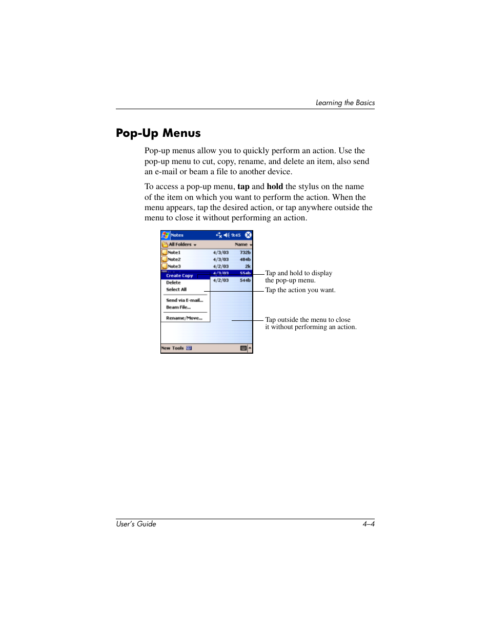 Pop-up menus | HP IPAQ H5500 User Manual | Page 43 / 169