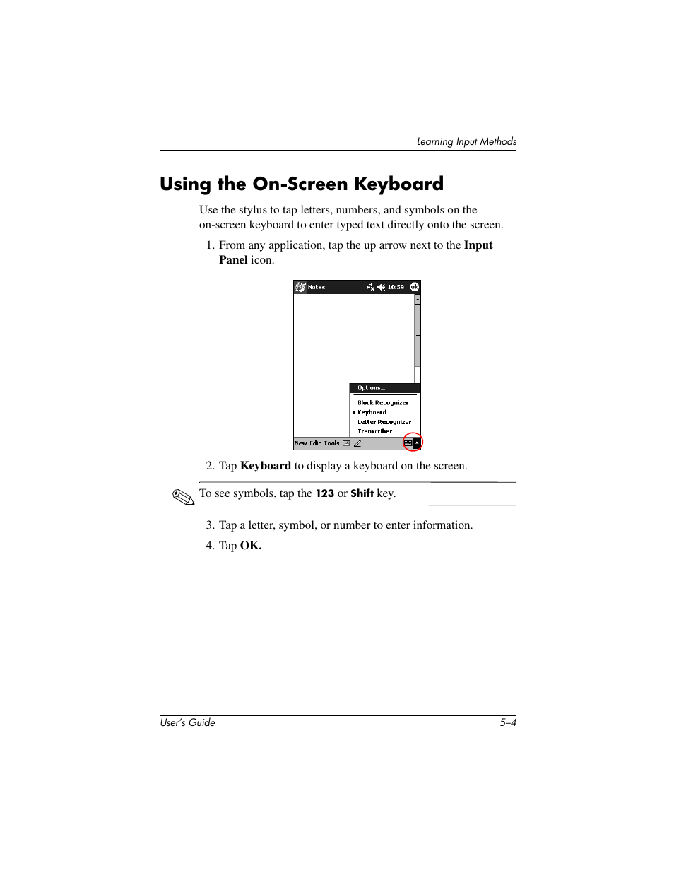 Using the on-screen keyboard | HP IPAQ H5500 User Manual | Page 62 / 169