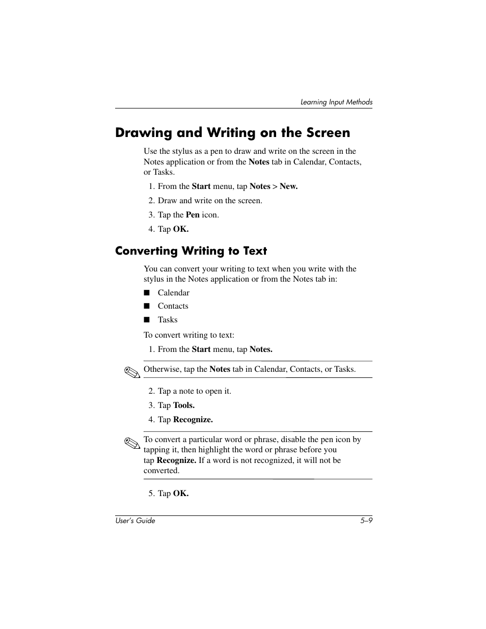 Drawing and writing on the screen | HP IPAQ H5500 User Manual | Page 67 / 169