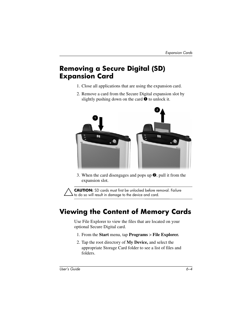 Removing a secure digital (sd) expansion card | HP IPAQ H5500 User Manual | Page 71 / 169