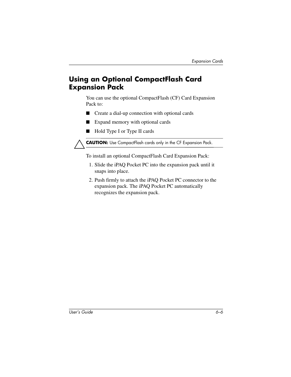 Using an optional compactflash card expansion pack | HP IPAQ H5500 User Manual | Page 73 / 169