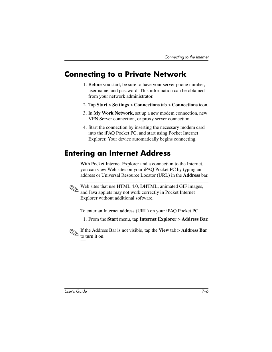 Connecting to a private network, Entering an internet address | HP IPAQ H5500 User Manual | Page 79 / 169