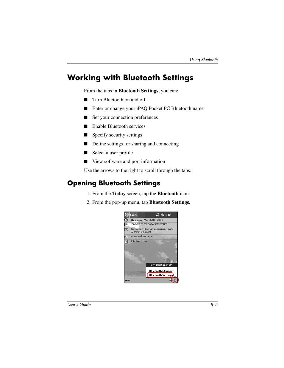 Working with bluetooth settings, Opening bluetooth settings | HP IPAQ H5500 User Manual | Page 85 / 169