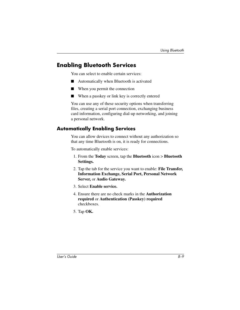 Enabling bluetooth services | HP IPAQ H5500 User Manual | Page 89 / 169