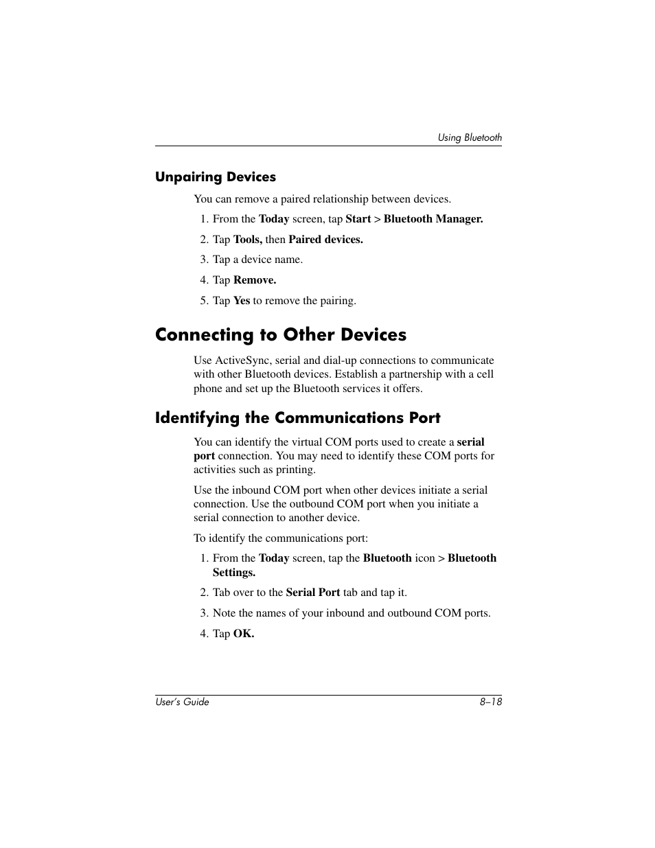 Connecting to other devices, Identifying the communications port | HP IPAQ H5500 User Manual | Page 98 / 169