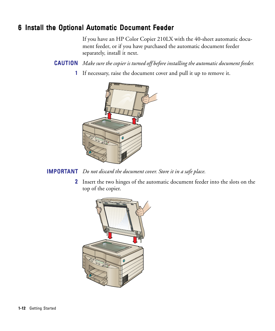 6 install the optional automatic document feeder | HP 210/210LX User Manual | Page 19 / 96