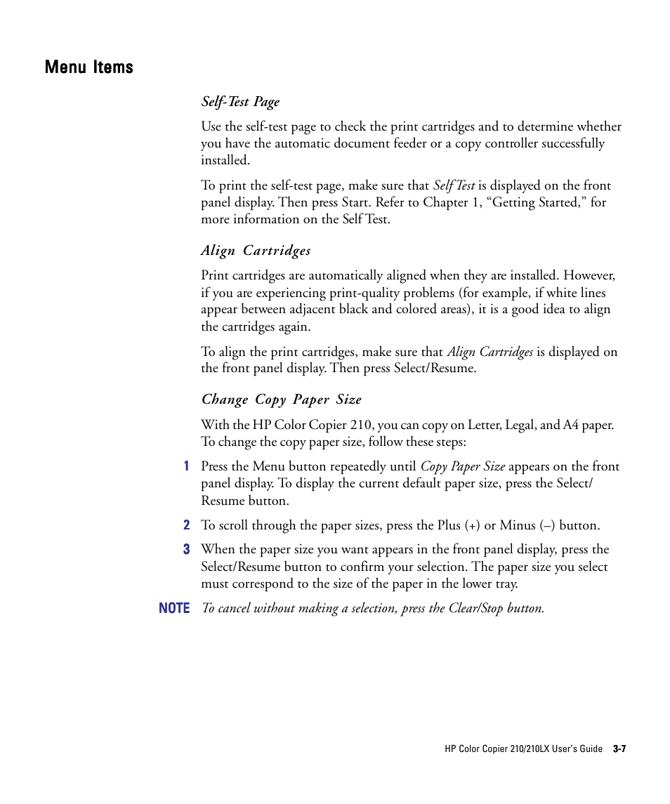 Menu items | HP 210/210LX User Manual | Page 38 / 96