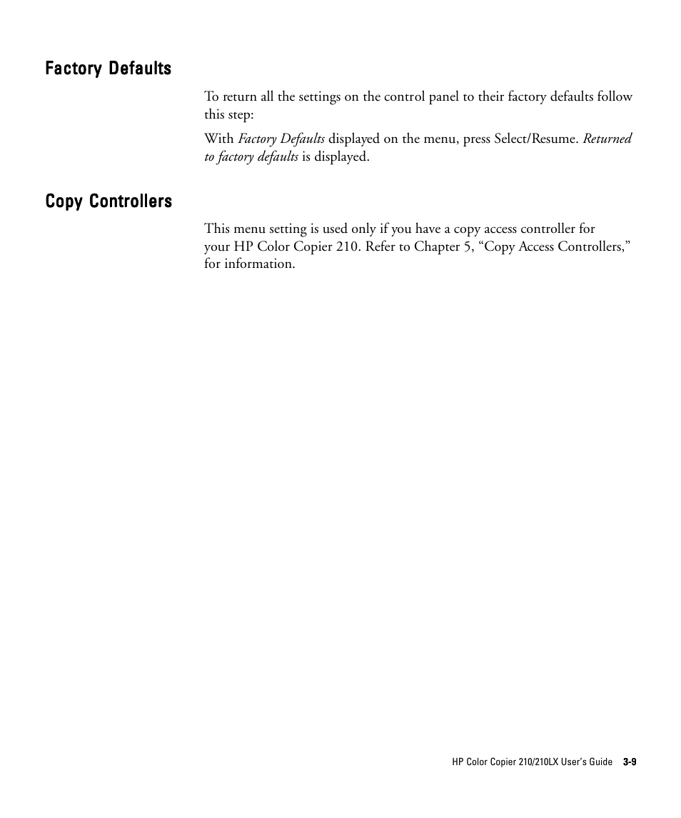 Factory defaults, Copy controllers | HP 210/210LX User Manual | Page 40 / 96