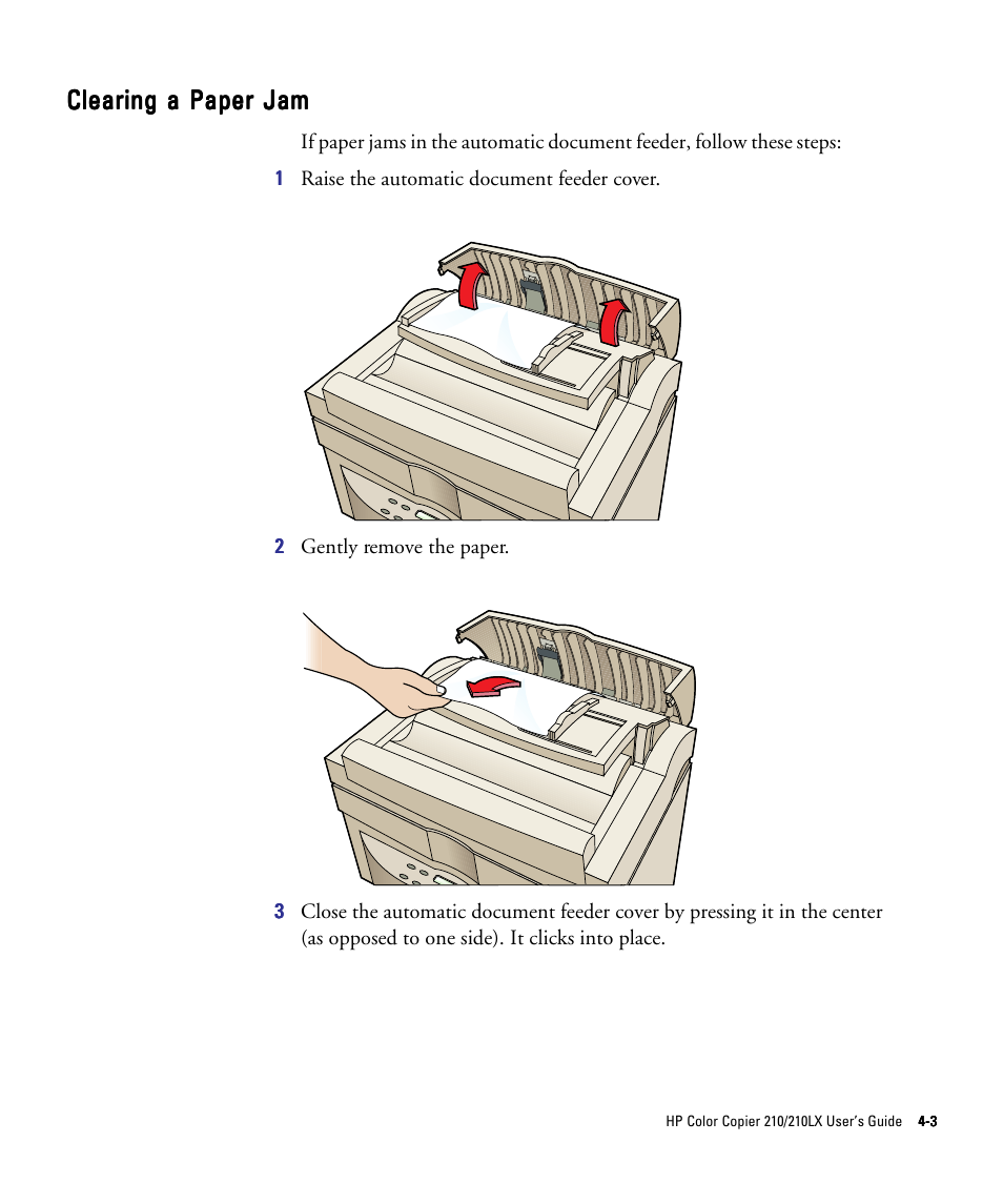 Clearing a paper jam | HP 210/210LX User Manual | Page 44 / 96