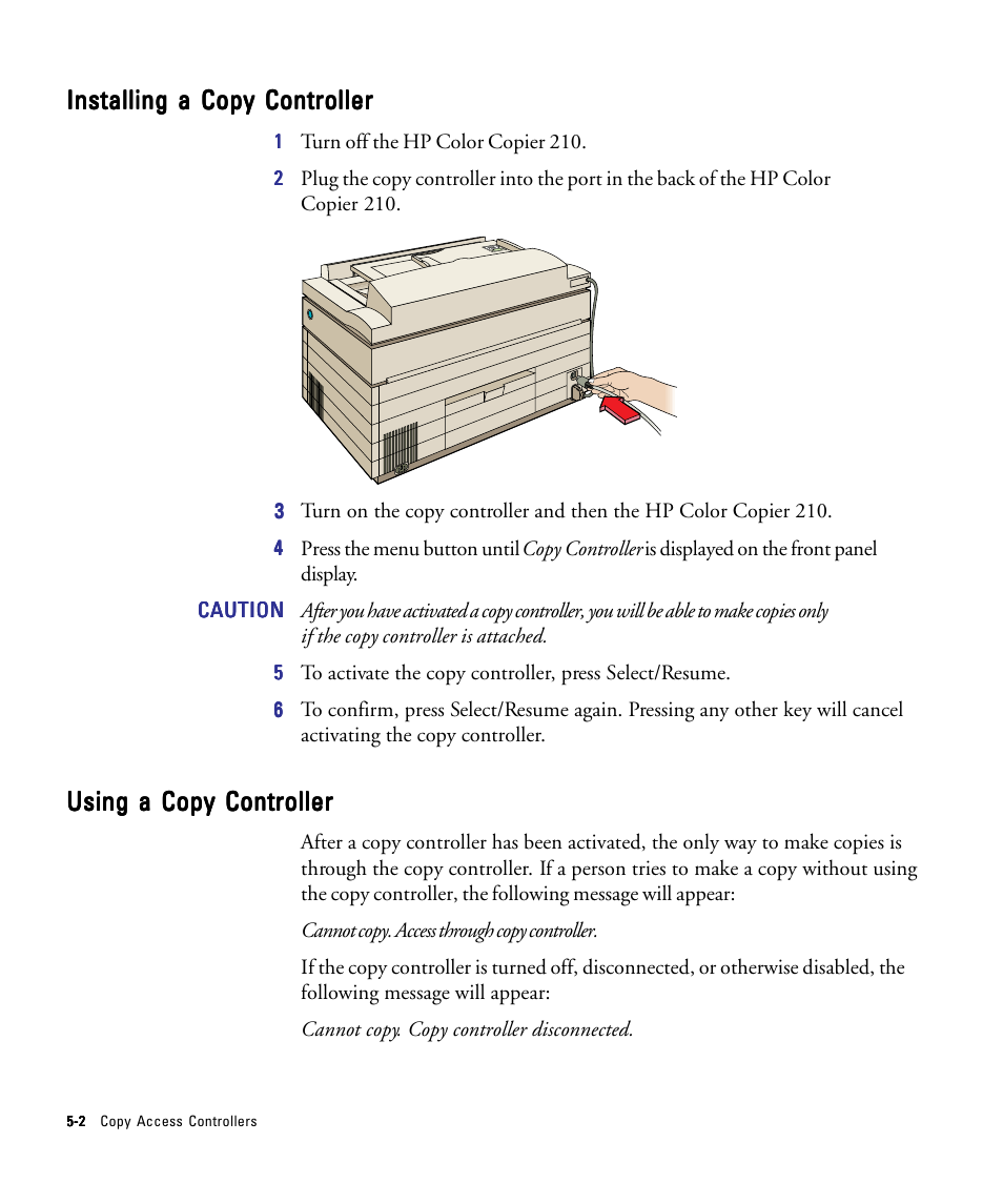 Installing a copy controller, Using a copy controller | HP 210/210LX User Manual | Page 47 / 96