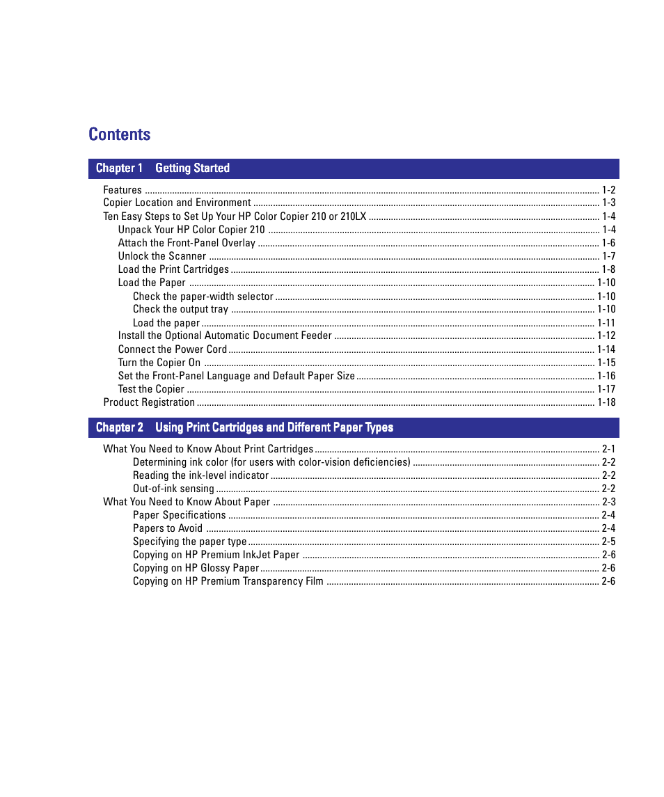 Getting started, What you need to know about print cartridges, Copying | Start copying, Automatic document feeder, Copy access controllers, Chapter 6 troubleshooting and maintenance, Using this section, Check the basics first, Chapter 7 hewlett-packard limited warranty | HP 210/210LX User Manual | Page 5 / 96