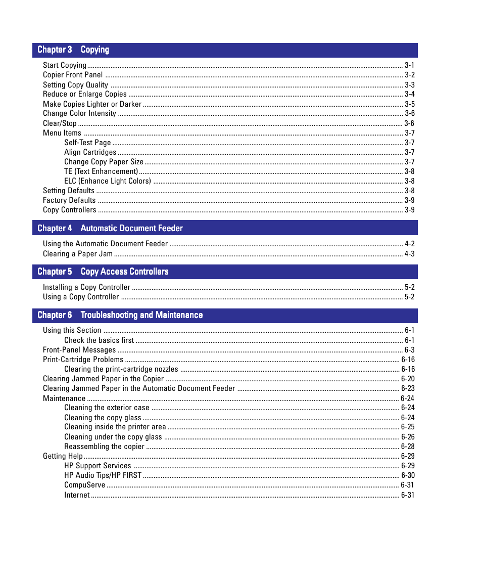 Features, Reading the ink-level indicator, Out-of-ink sensing | Copier front panel, Using the automatic document feeder, Installing a copy controller, Using a copy controller | HP 210/210LX User Manual | Page 6 / 96