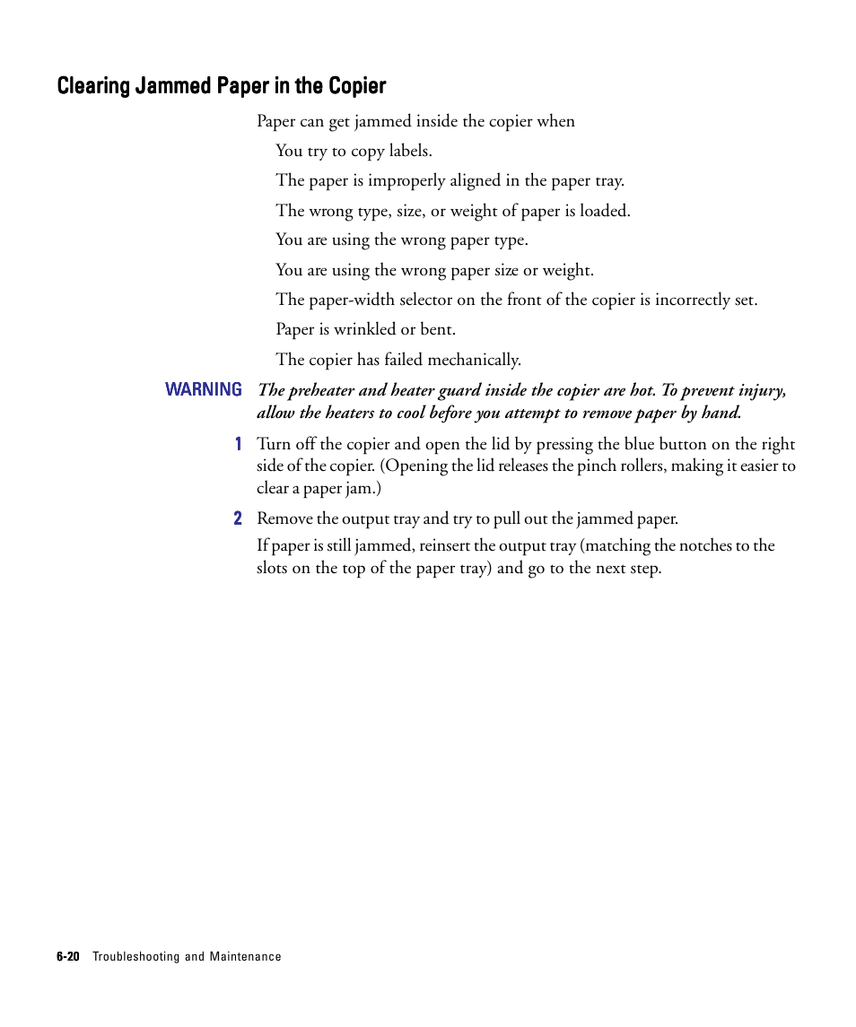 Clearing jammed paper in the copier | HP 210/210LX User Manual | Page 67 / 96