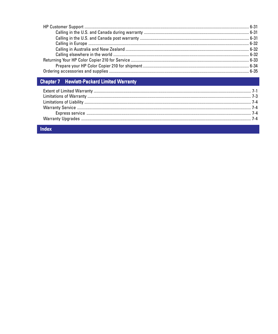 Copier location and environment, What you need to know about paper, Setting copy quality | Clearing a paper jam, Front-panel messages, Limitations of warranty, Setting copy quality -3, Clearing a paper jam -3, Front-panel messages -3 | HP 210/210LX User Manual | Page 7 / 96