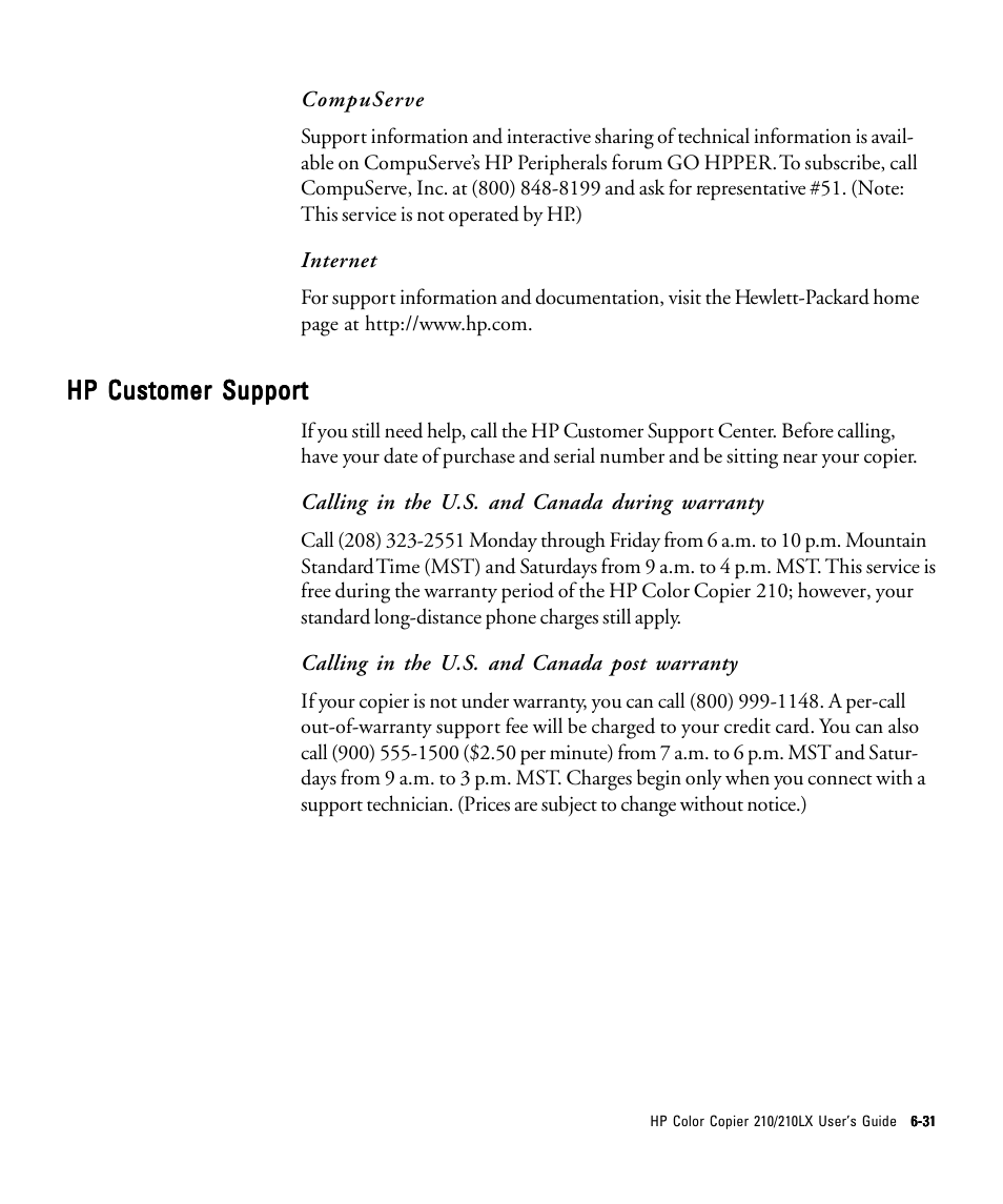 Hp customer support | HP 210/210LX User Manual | Page 77 / 96