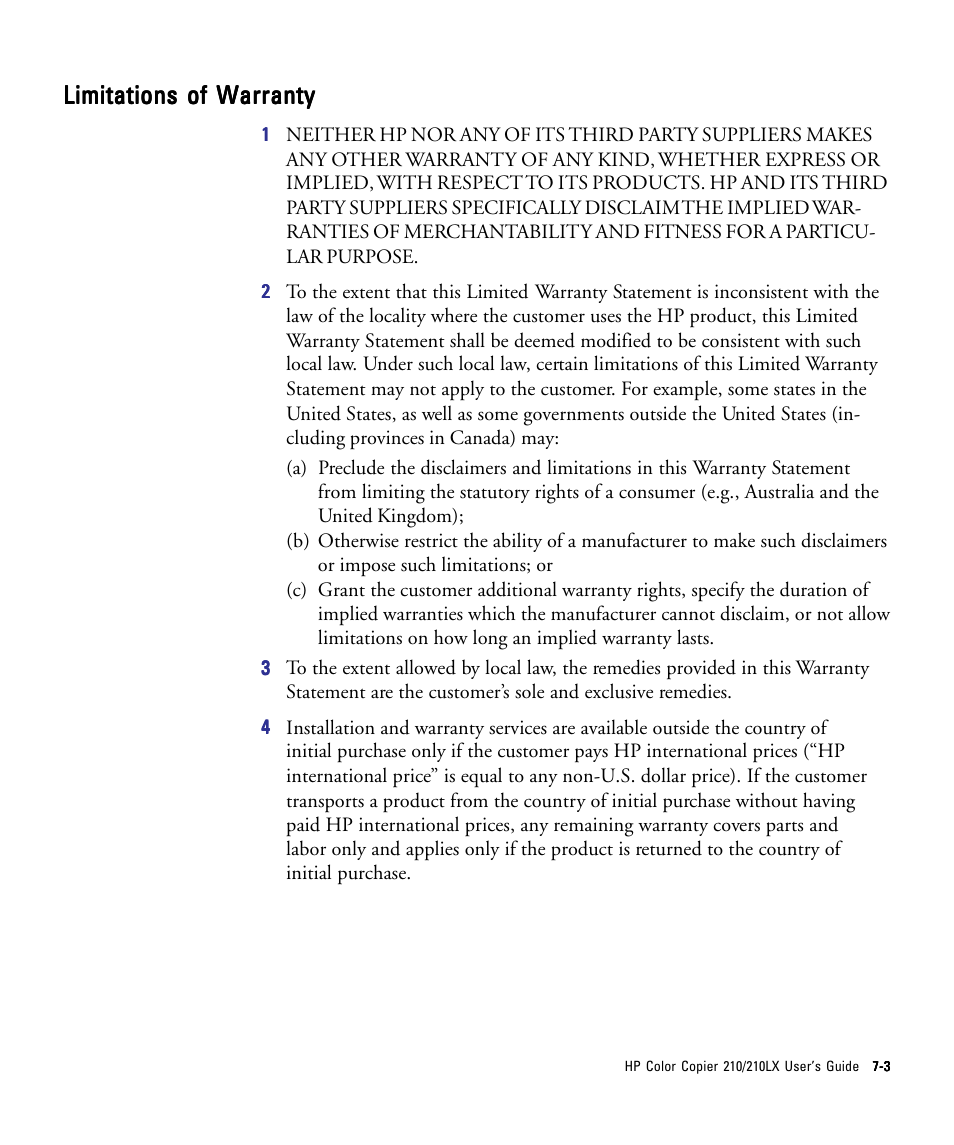 Limitations of warranty | HP 210/210LX User Manual | Page 85 / 96