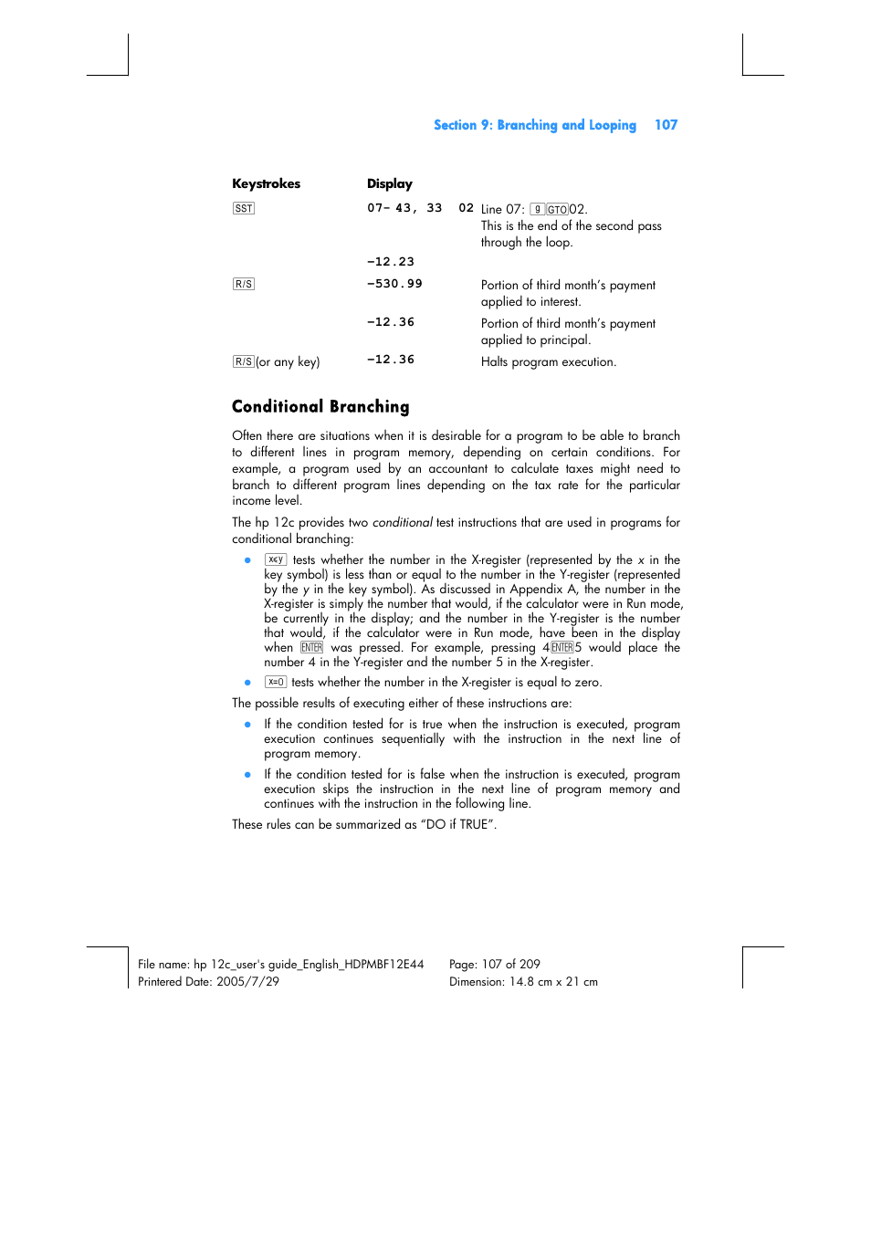 Conditional branching | HP 12C Financial calculator User Manual | Page 107 / 211