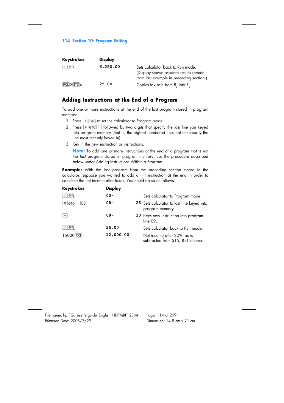 Adding instructions at the end of a program | HP 12C Financial calculator User Manual | Page 114 / 211