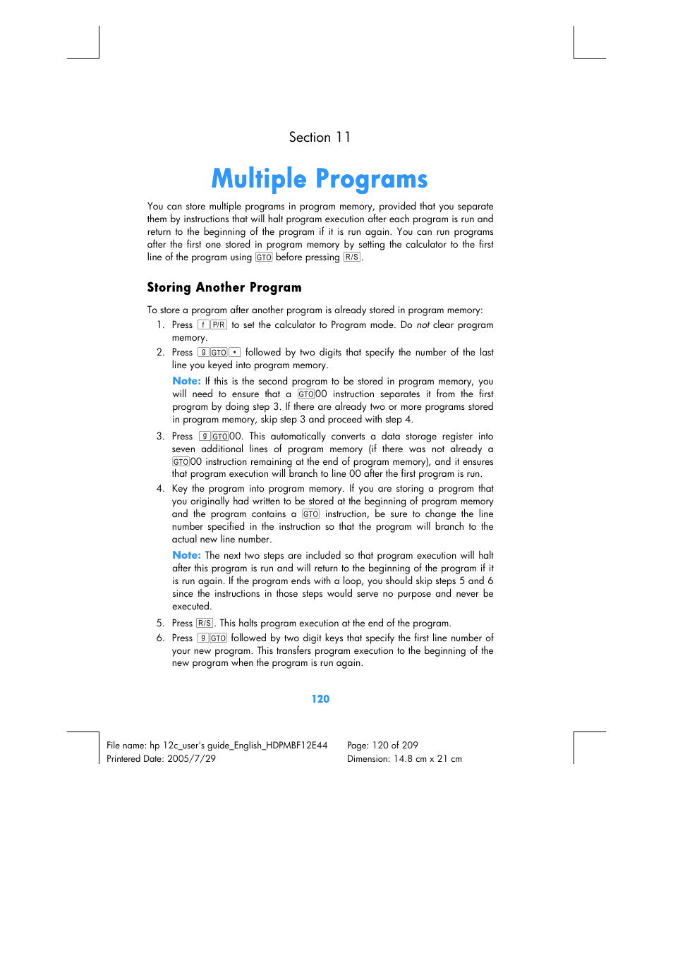 Multiple programs | HP 12C Financial calculator User Manual | Page 120 / 211