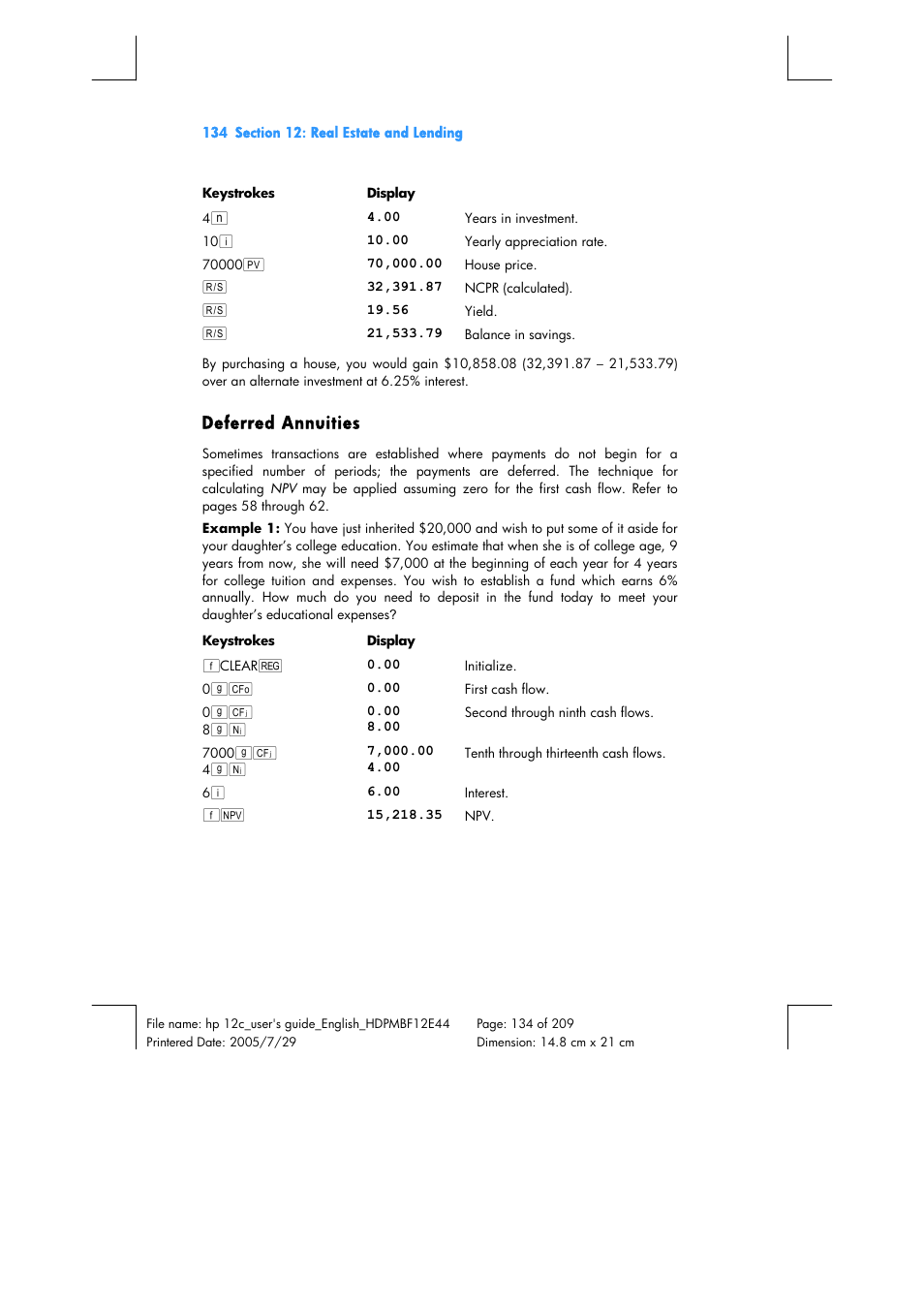 Deferred annuities | HP 12C Financial calculator User Manual | Page 134 / 211