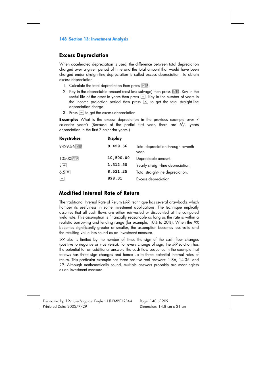 Excess depreciation, Modified internal rate of return | HP 12C Financial calculator User Manual | Page 148 / 211