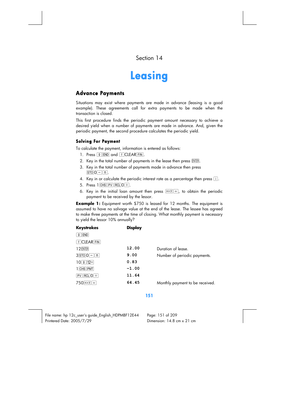 Leasing | HP 12C Financial calculator User Manual | Page 151 / 211