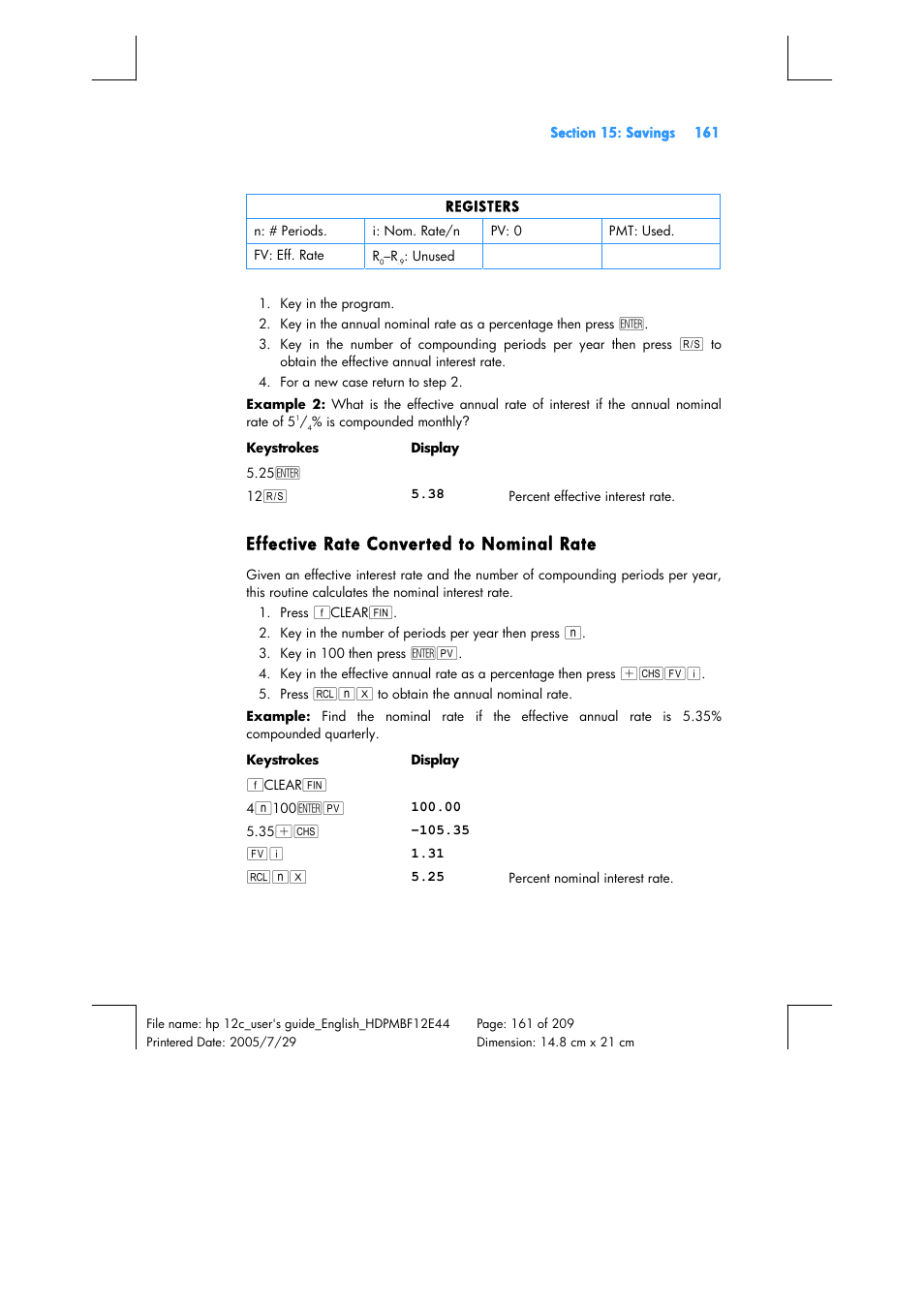 Effective rate converted to nominal rate | HP 12C Financial calculator User Manual | Page 161 / 211