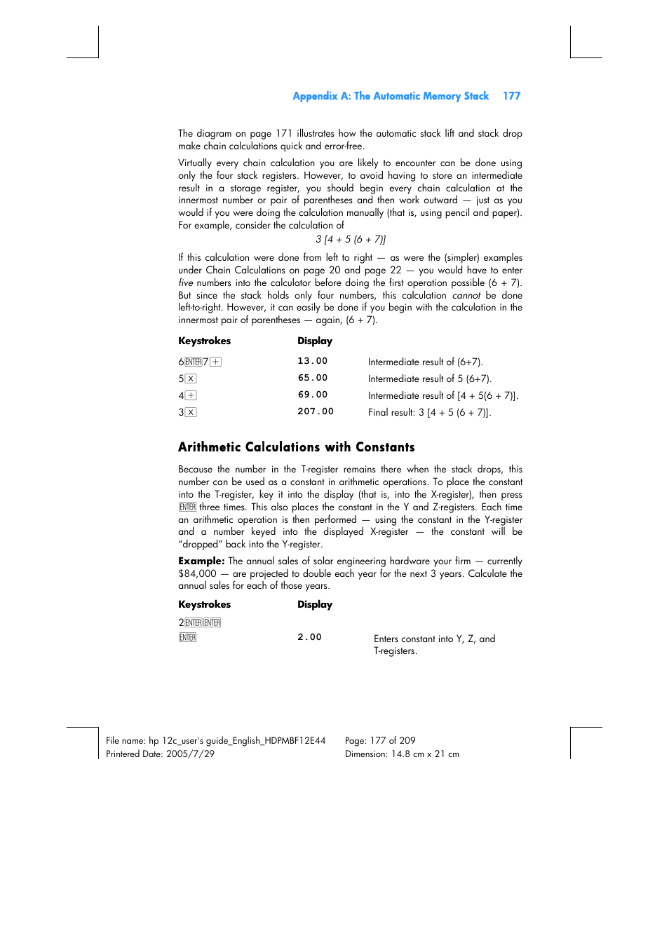 Arithmetic calculations with constants | HP 12C Financial calculator User Manual | Page 177 / 211