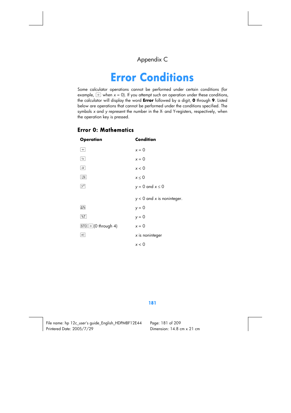 Error conditions, Appendix c | HP 12C Financial calculator User Manual | Page 181 / 211