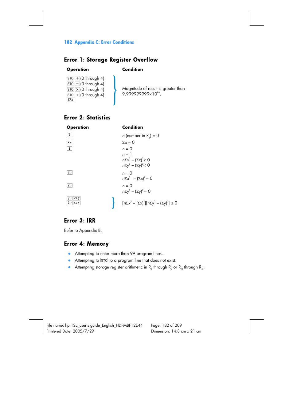 Error 1: storage register overflow, Error 2: statistics, Error 3: irr | HP 12C Financial calculator User Manual | Page 182 / 211