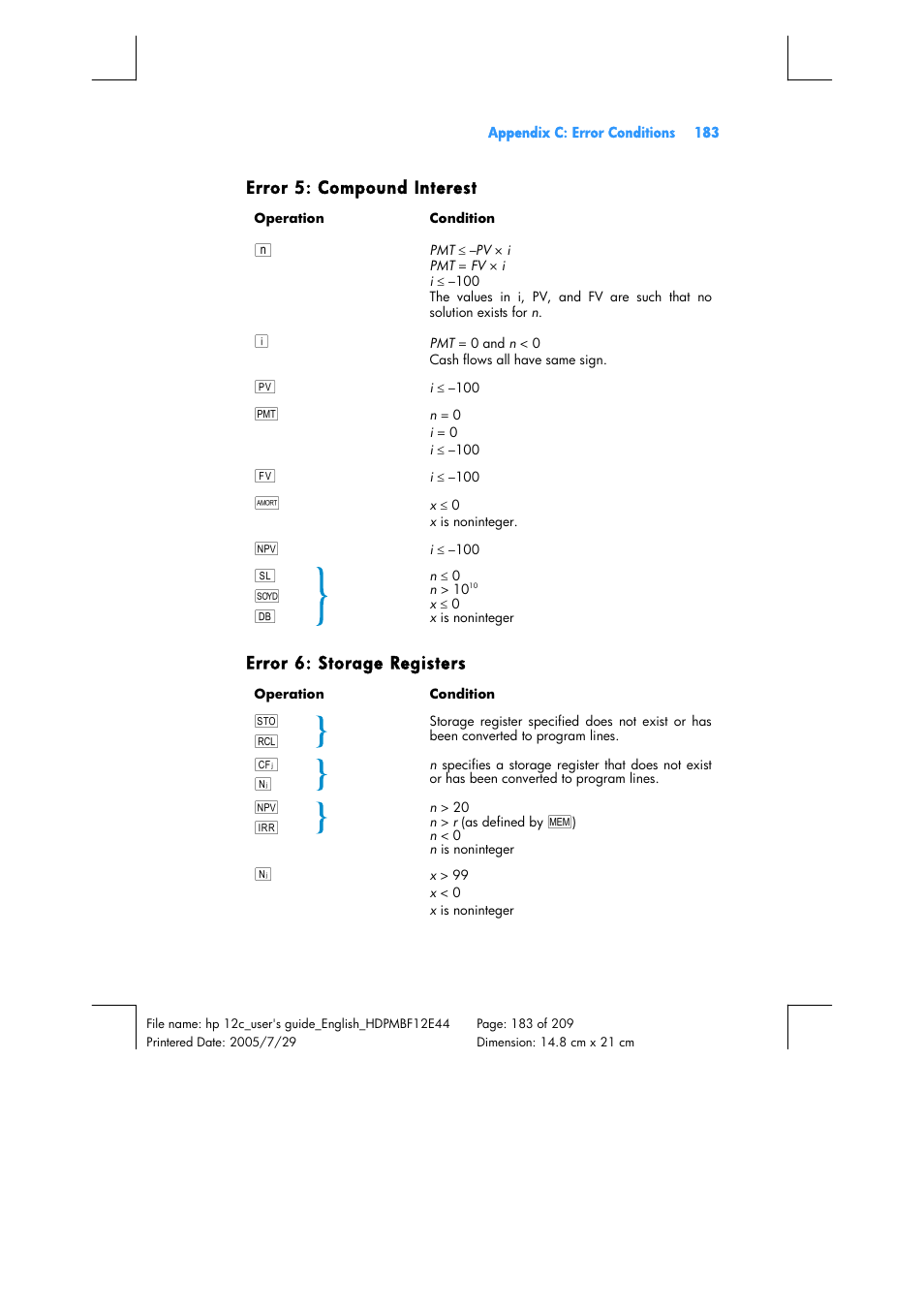 Error 5: compound interest, Error 6: storage registers | HP 12C Financial calculator User Manual | Page 183 / 211