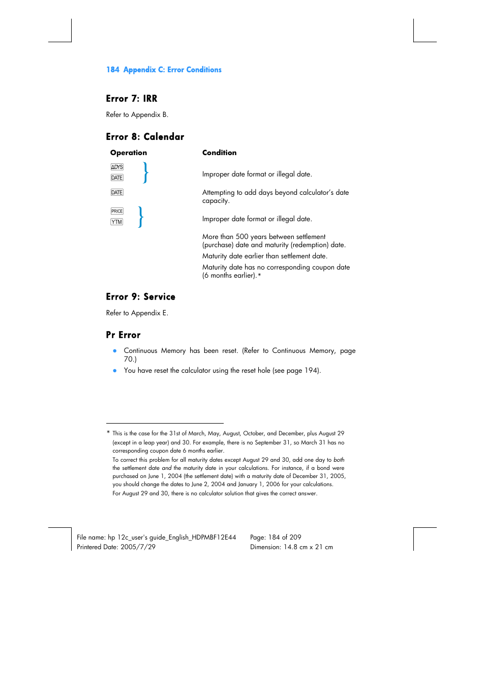 Error 7: irr, Error 8: calendar, Error 9: service | Pr error | HP 12C Financial calculator User Manual | Page 184 / 211