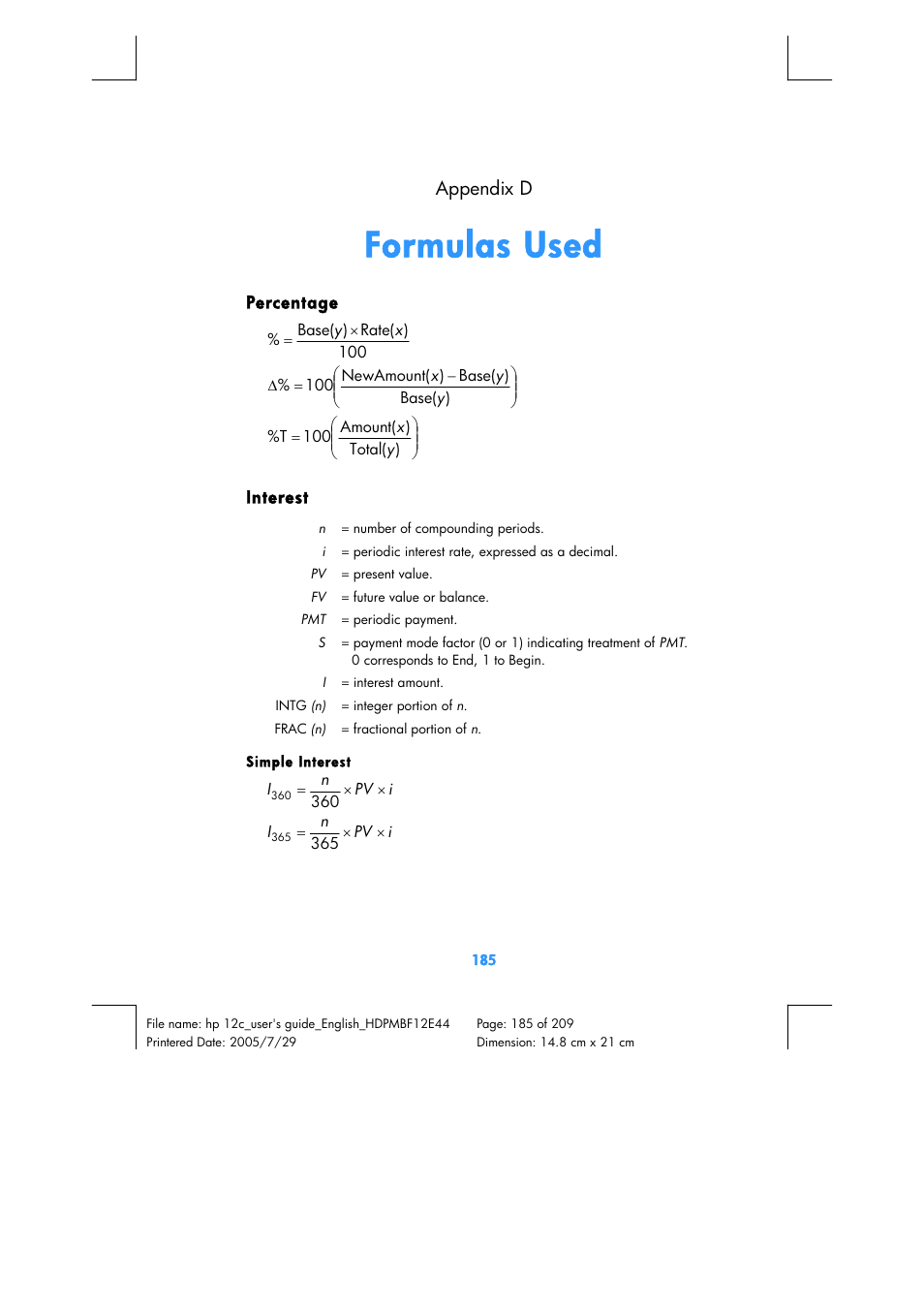 Formulas used, Appendix d | HP 12C Financial calculator User Manual | Page 185 / 211