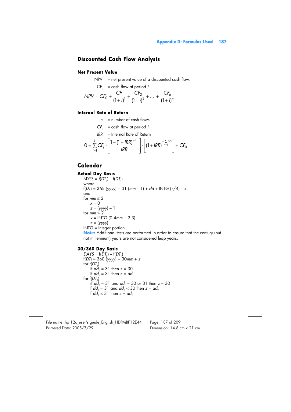 Discounted cash flow analysis, Calendar | HP 12C Financial calculator User Manual | Page 187 / 211