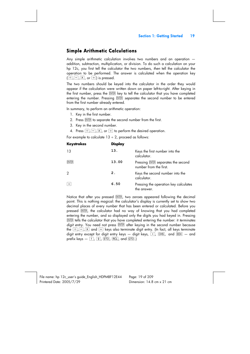 Simple arithmetic calculations | HP 12C Financial calculator User Manual | Page 19 / 211