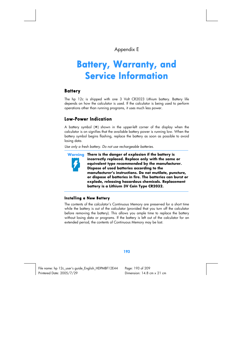 Battery, warranty, and service information | HP 12C Financial calculator User Manual | Page 193 / 211