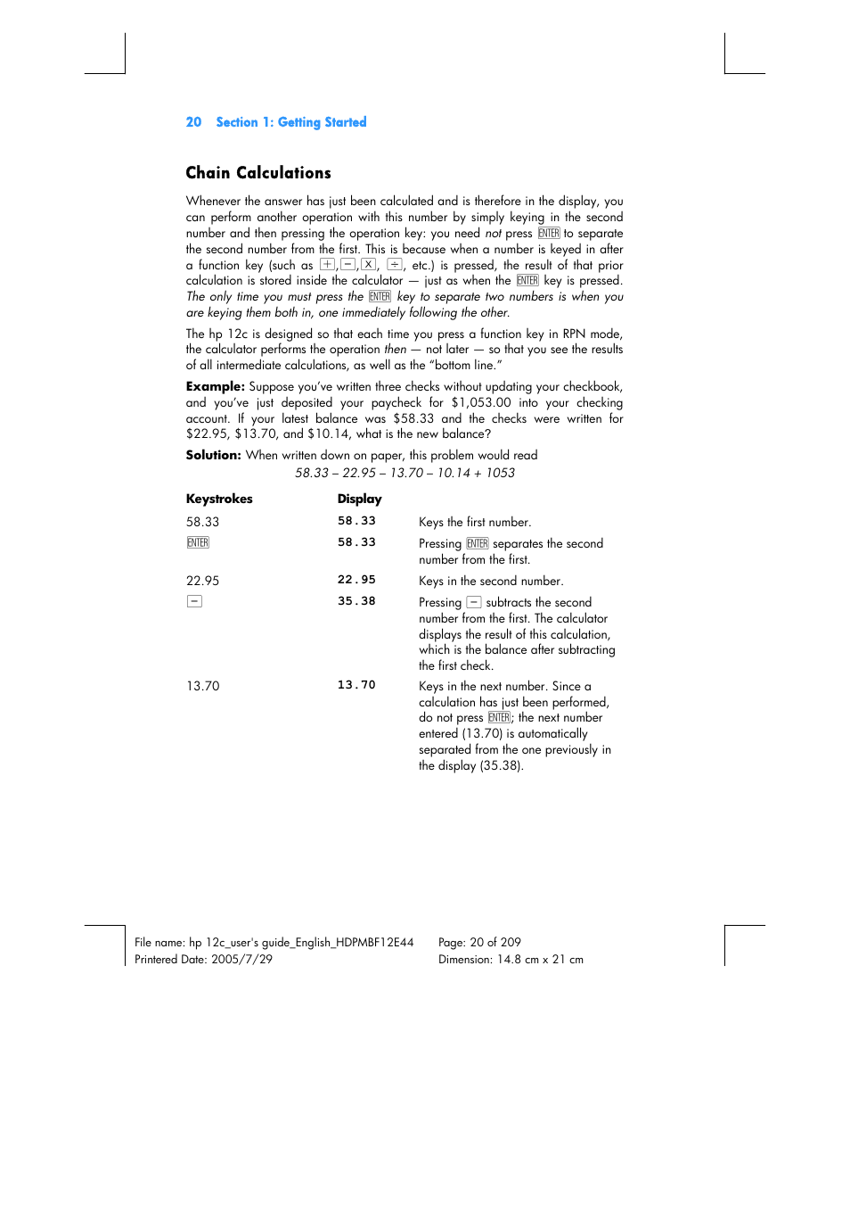 Chain calculations | HP 12C Financial calculator User Manual | Page 20 / 211